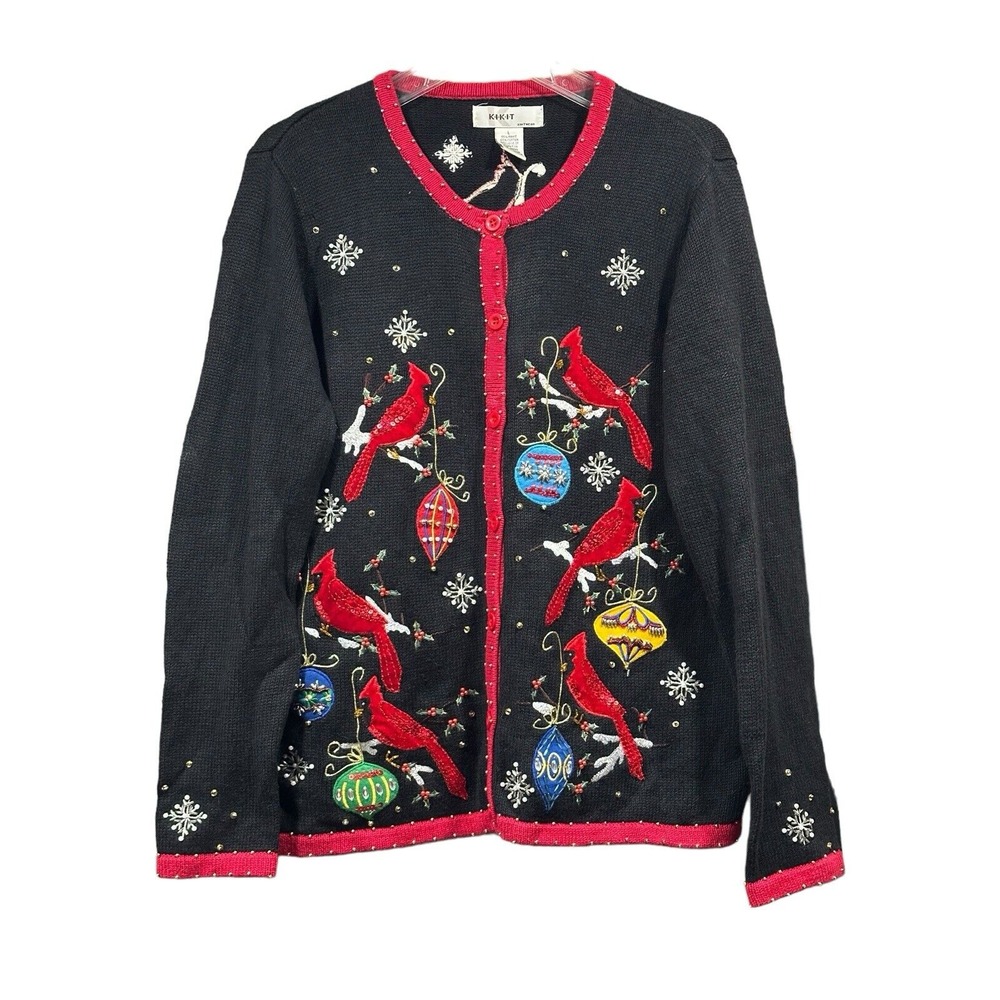 K I K I T  Kikit Knitwear Christmas Cardigan Cardinals Bulbs Blinged‎ L